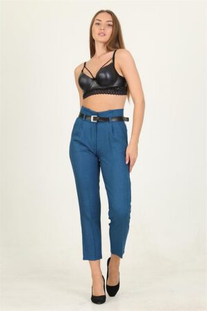 Pantalon carotte taille haute à ceinture