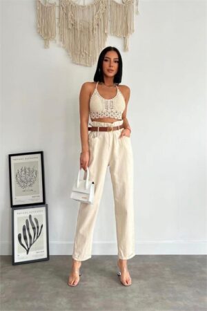 Pantalon en coton taille haute avec ceinture