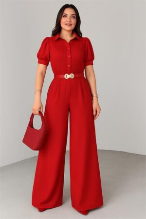 Combinaison à jambes larges et ceinture, chemise à col