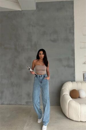 Jean baggy taille haute en lycra