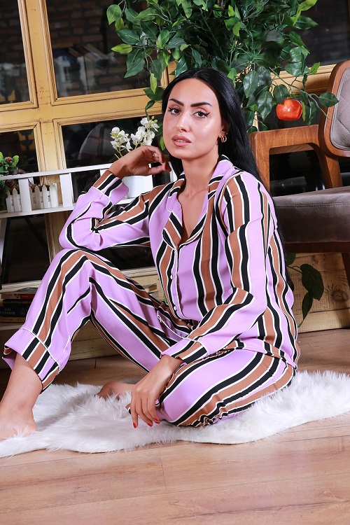Ensemble de pyjama rayé pour femme, col chemise, boutons, passepoil – Image 4