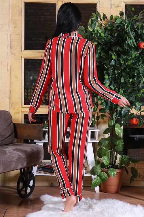 Ensemble de pyjama rayé pour femme, col chemise, boutons, passepoil – Image 3